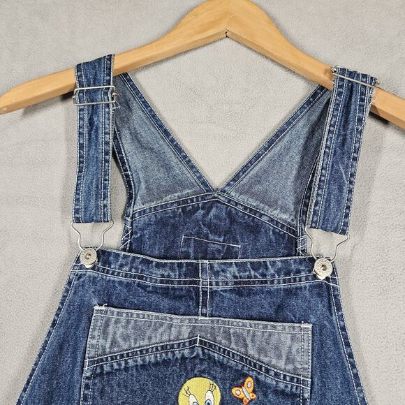 Vintage Looney Tunes Overalls Women Large Tweety Bird Blue Jean Skort Y2K 90s - Picture 2 of 12